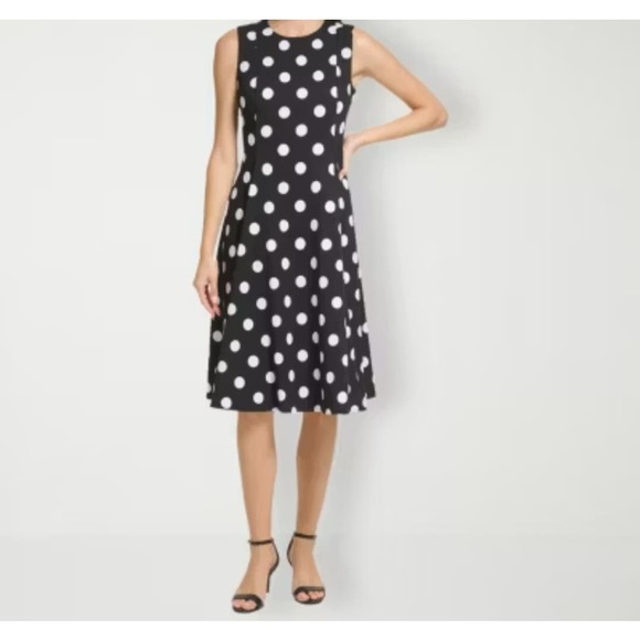 Women's Elegant Black and White Polka Dot Sleeveless Midi Dress Size XL - Picture 1 of 8
